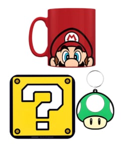 gadżet zestaw kubek, podkładka, brelok super mario