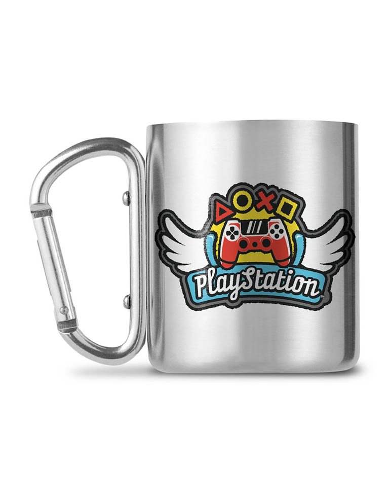 gadżet metalowy kubek z karabińczykiem playstation
