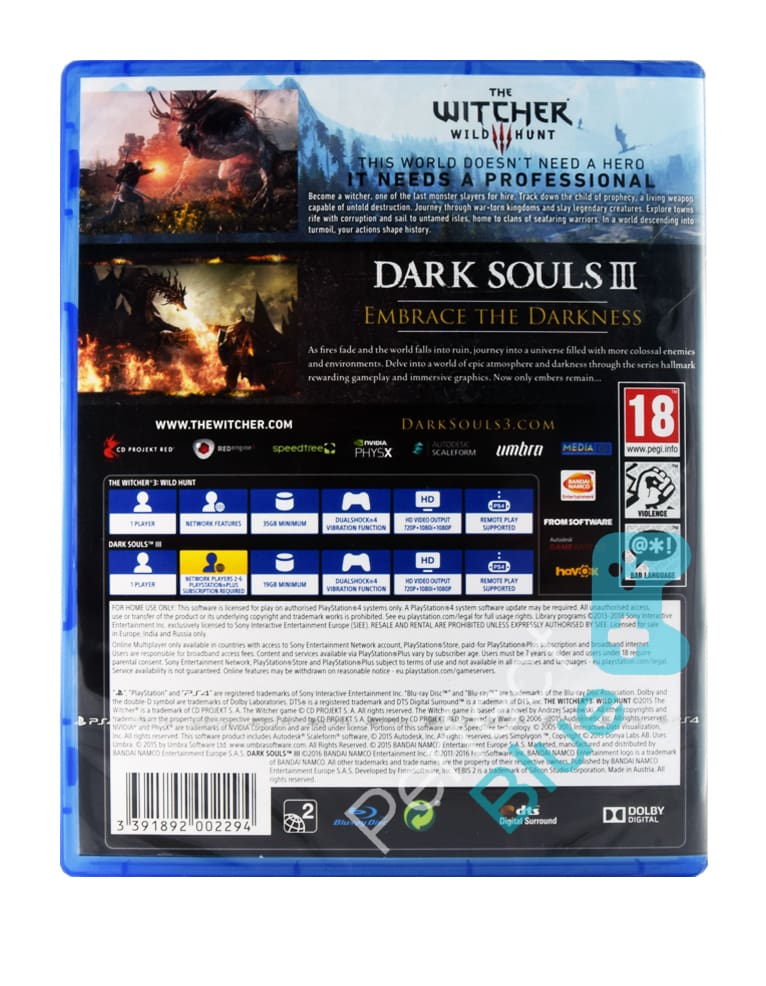 gra ps4 wiedźmin iii (dubbing pl) + dark souls 3 (napisy pl)
